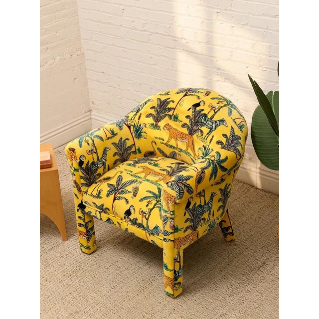 Mid-Century Modern Vintage Postmodern Yellow Jungle Print Barrel Lounge Chair For Sale - Image 3 of 12