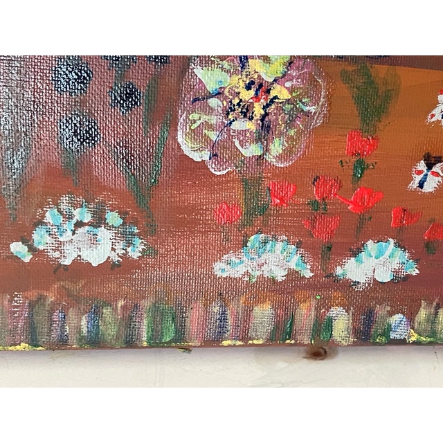 1970s 1970s Modern Abstract Mixed Media Painting Folk Art Naive Style Magic Garden at Sunset W 3 Hedgehogs For Sale - Image 5 of 7