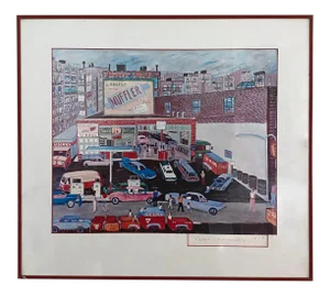 1979 Happy and Bud’s Service Station Signed and Framed Print by Ralph Fasanella
