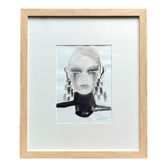 Vintage Original Watercolor Portrait on Paper For Sale