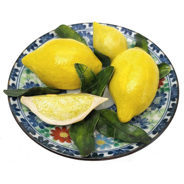 Mid-Century Modern Faience Majolica French Trompe l'Oeil 3d Sculpture Plate Topiary Lemon Style by Christine Viennet For Sale - Image 3 of 9
