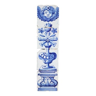 Antique 18th Century Blue & White Set of Four Tiles With Angel Above Flower Vase For Sale