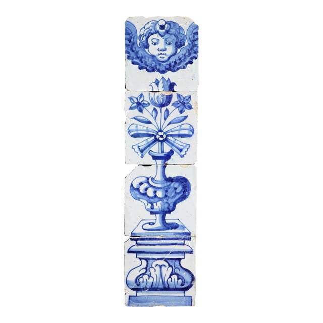 Antique 18th Century Blue & White Set of Four Tiles With Angel Above Flower Vase For Sale