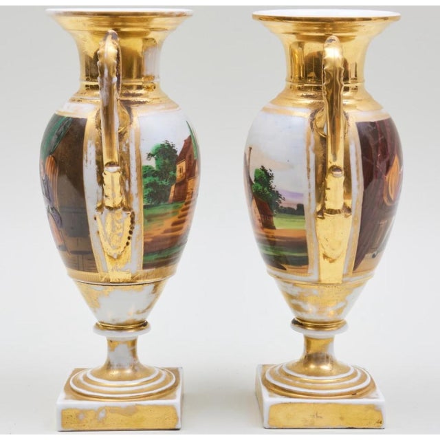 Ceramic A Pair of 19th Century French Empire Vases Old Paris Porcelain Gilt Ground Pastoral and Figural Mant For Sale - Image 7 of 12