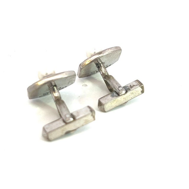 Japanese 1990s Pair of Mikimoto Estate Akoya + Mother of Pearl Cufflinks 5.2 mm Sterling Silver For Sale - Image 3 of 6