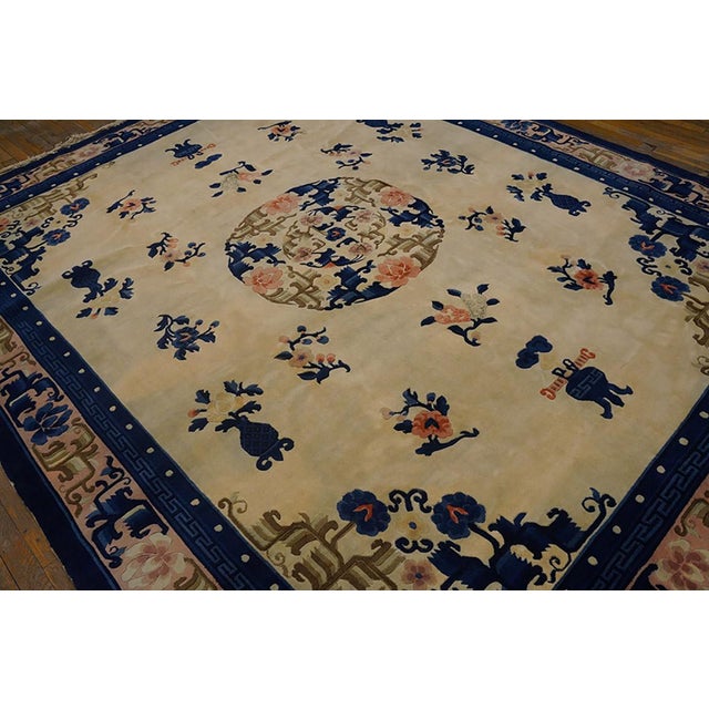 Chinese 1960s Beige Floral Modern Vintage Chinese Peking Rug 8'2" X 9'10" Hand Knotted Wool Carpet For Sale - Image 3 of 5