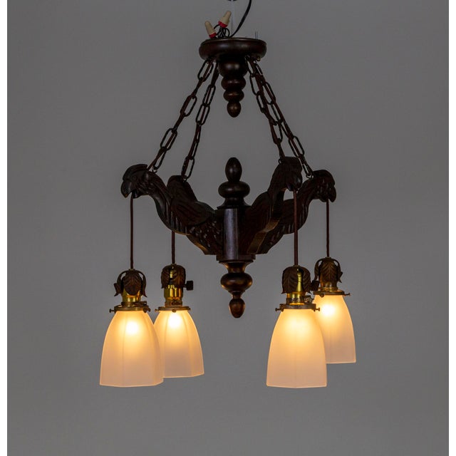 Gothic Early 20th Century Carved Wood Parrots Chandelier With Hanging Glass Shaded Lights For Sale - Image 3 of 13