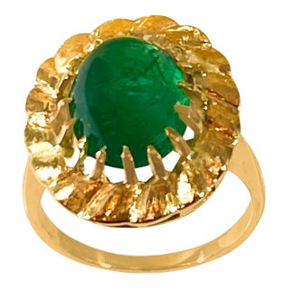 5 Carat Oval Emerald Cabochon 14 Karat Yellow Gold Cocktail Ring For Sale