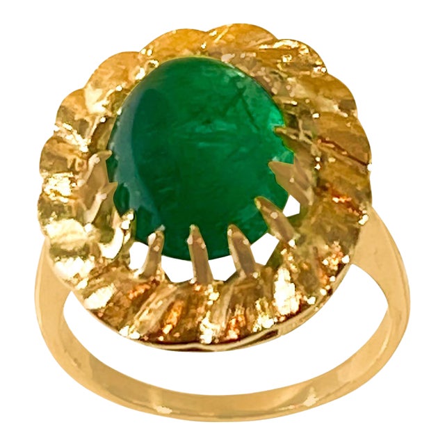 5 Carat Oval Emerald Cabochon 14 Karat Yellow Gold Cocktail Ring For Sale
