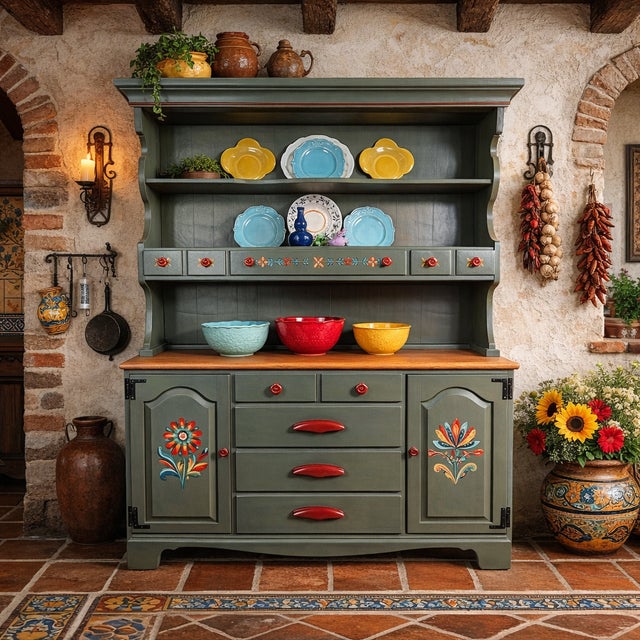 Hand Painted Vintage 1970s St. John’s Table Co. Hand-Painted Green China Hutch | One-of-a-Kind Art Furniture For Sale - Image 12 of 18