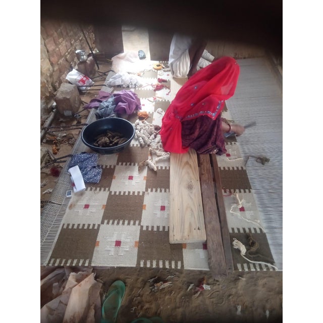 Handmade New Zealand Wool Dhurrie, Brown and Cream Geometric Rug- 12'x15' For Sale - Image 9 of 16