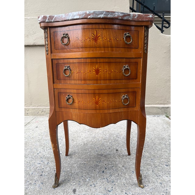 PAIR OF VINTAGE LOUIS XV STYLE MARBLE-TOP NIGHTSTANDS Elegant matched pair of vintage Louis XV style bedside chests...