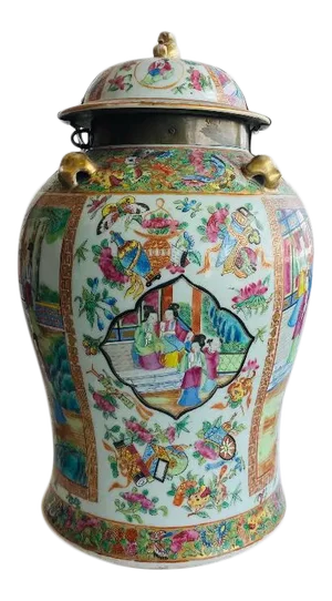 Antique Rose Medallion /Mandarin Jar With Metal Strap Lid
