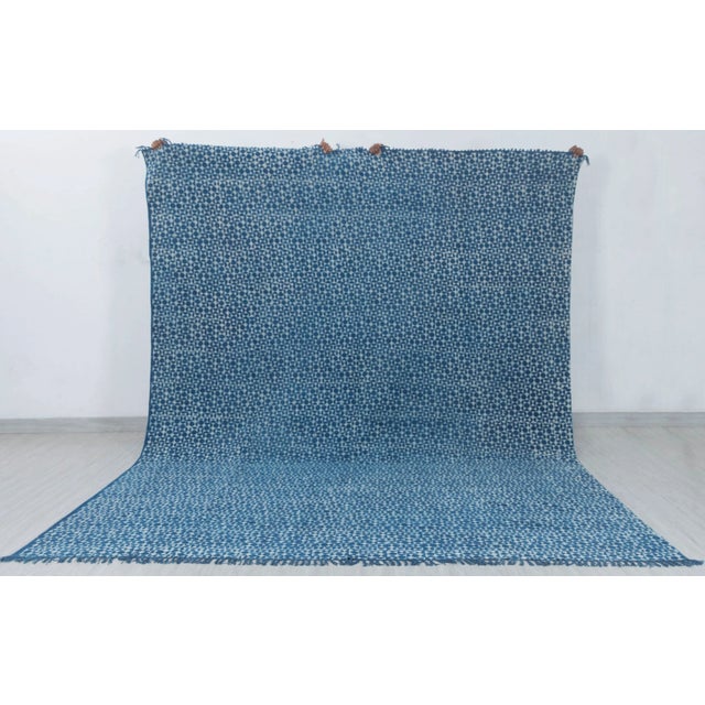 Blue Indigo Hand Woven Bohemian Cotton Flatweave Kilim Rug, Boho Blue Rug 5x8 Ft. For Sale - Image 4 of 10