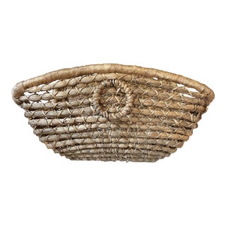 Large Naturally Weathered Handwoven Round Handled Seagrass Basket For Sale