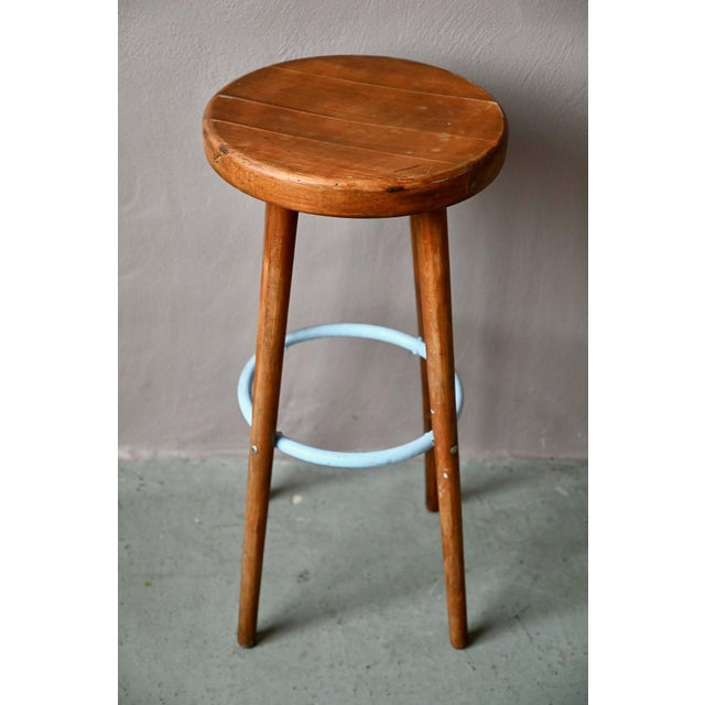 Vintage Bar Stool in Wood and Blue Lacquered Metal, 1960s For Sale - Image 4 of 12