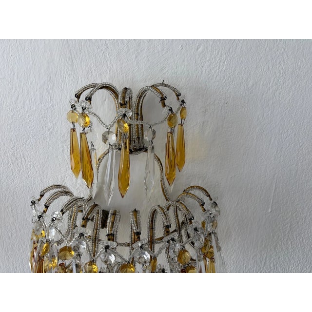 Italian Micro Beaded Yellow Amber & Clear Loaded Crystal Sconces, Circa 1920 For Sale - Image 9 of 11