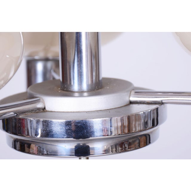Metal Bauhaus Chandelier in Chrome-Plated Steel and Opaline Glass, Czech, 1930s For Sale - Image 7 of 10