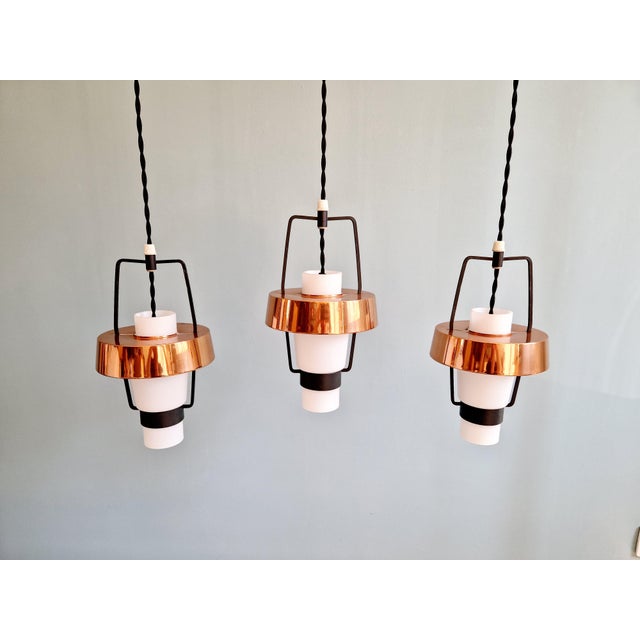 Mid-Century Modern Scandinavian Pendant Lights in White Opaline and Copper Metal, 1960s, Set of 3 For Sale - Image 3 of 18