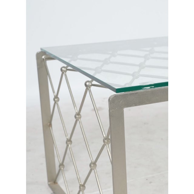 1980s Hollywood Regency Nickel-Plated Lattice Coffee Table With Glass Top For Sale - Image 4 of 5