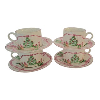 1990s Sango "Home for Christmas" Pink and Green Cup and Saucer Sets- 8 Pieces For Sale