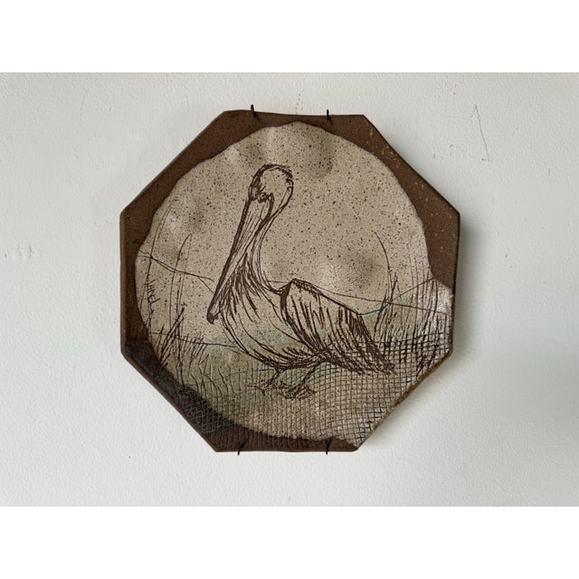Ceramic 80's Vintage Janel Hand Painted Pelican Artist Pottery Wall Art For Sale - Image 7 of 9