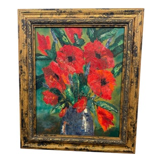 Boulet Red Flower Still Life Painting, Signed For Sale