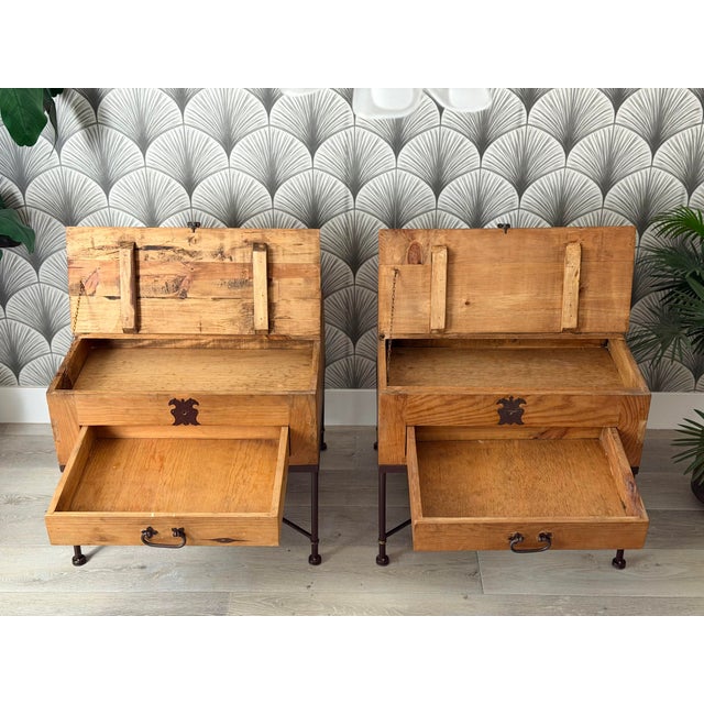 Brown Vintage Rustic Mexican Pine Wood and Wrought Iron and Brass Storage Trunk Chest Side Tables - A Pair For Sale - Image 8 of 15