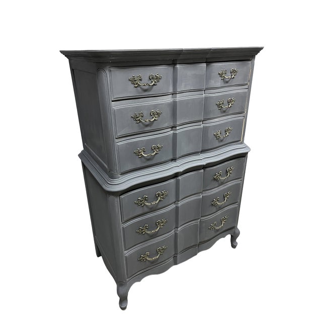 Beautiful French Country hand painted vintage solid wood tall dresser. We used Annie Sloan Whistler Grey chalk paint with...