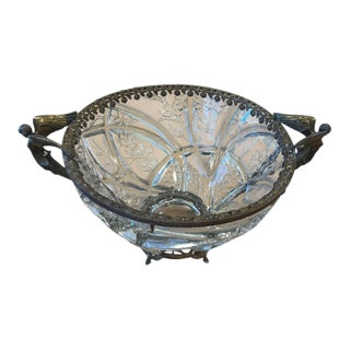 Beautiful Antique Art Nouveau Clear Cut Glass Bowl Winged Angels Brass Footed C. 1915 For Sale