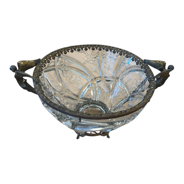 Beautiful Antique Art Nouveau Clear Cut Glass Bowl Winged Angels Brass Footed C. 1915 For Sale