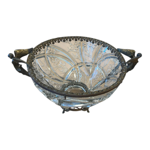 Beautiful Antique Art Nouveau Clear Cut Glass Bowl Winged Angels Brass Footed C. 1915