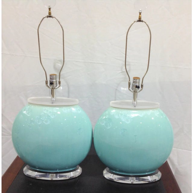 Vintage R. Dittmen Modern Blue Lucite Crystalline Glaze Ceramic Lamps - a Pair For Sale - Image 4 of 9