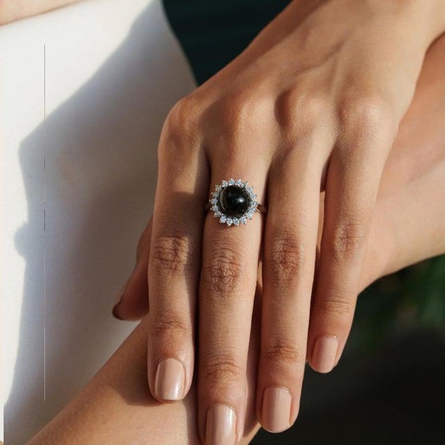 Vintage Inspired Natural Black Star & Zircon Halo Cocktail Ring Size 8 For Sale - Image 4 of 13