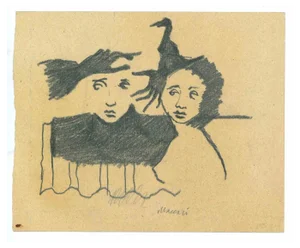 Mino Maccari, Faces with Black Hands, Pencil Drawing, 1950s