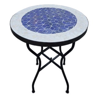 20" Blue and Beige Moroccan Round Mosaic Table, Diamond Collection / Lozenge - 2 Pieces For Sale