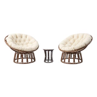 Papasan Armchairs with Matching Side Table, 1960s, Set of 3 For Sale