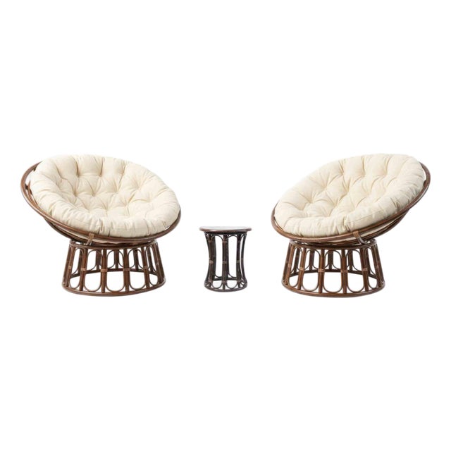 Papasan Armchairs with Matching Side Table, 1960s, Set of 3 For Sale