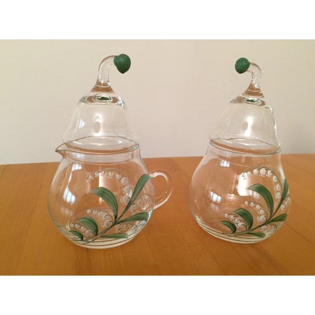 Transparent Vintage Clear Glass Creamer and Sugar Set With Lily of Vally Decoration- 2 Pieces For Sale - Image 8 of 8