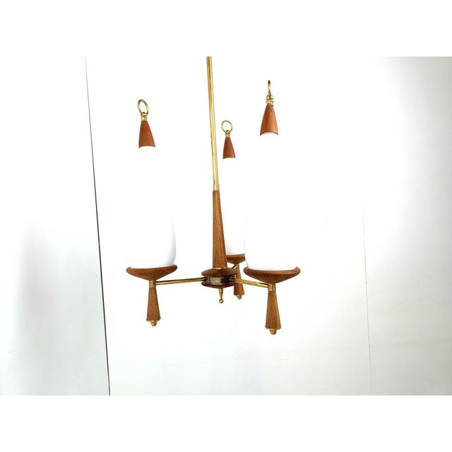 1960s Vintage Teak Chandelier with White Glass Shades, 1960s For Sale - Image 5 of 10