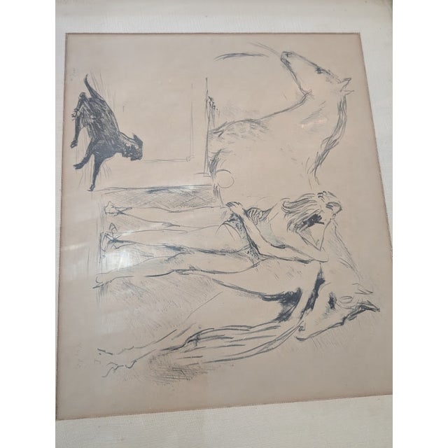 1974 Signed & Numbered Pencil Sketch | Woman With Horses & Dog, Framed For Sale - Image 4 of 6