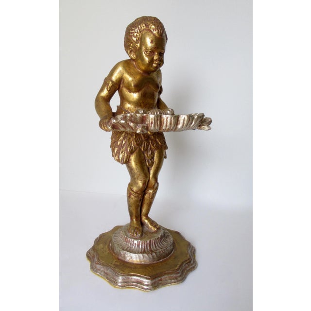 Hollywood Regency Vintage Hollywood Regency Italian Venetian Carved Gilt Gold & Silver Burnished Figurine, Accent With Carved Grotto Shell For Sale - Image 3 of 13