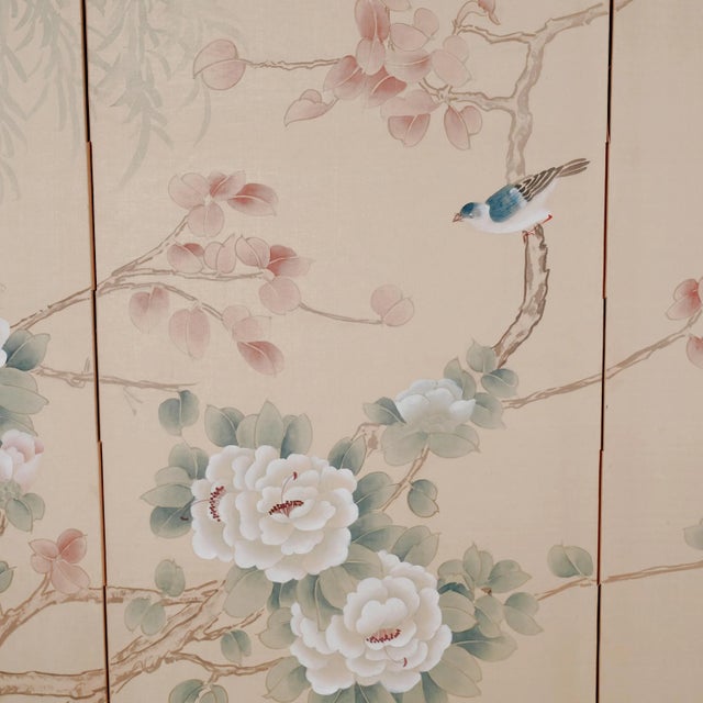 Wood 1960s Japanese Byobu "Blue Birds White Flowers" 4-Panel Folding Screen Very Good + For Sale - Image 7 of 12