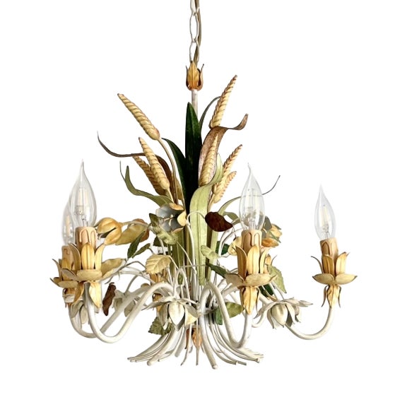 French Floral and Wheat Tole 6-Light Chandelier from Sofidis FlorArt, Late 20th Century For Sale