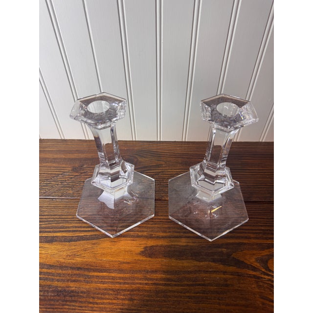 Traditional Val Saint-Lambert Signed Belgian Crystal Candlesticks, Pair, 7" Tall, Late 20th Century For Sale - Image 3 of 5