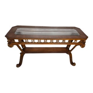 Vintage Carved Wood Fretwork Console Table With Beveled Glass Top For Sale