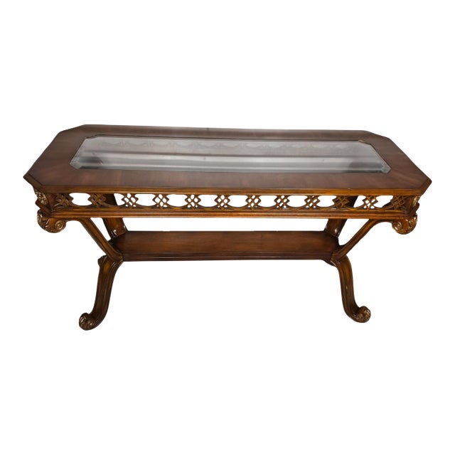 Vintage Carved Wood Fretwork Console Table With Beveled Glass Top For Sale