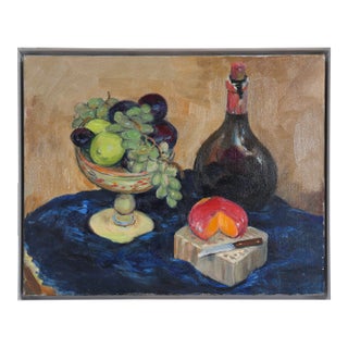 Tabletop Still Life With Wine & Cheese 1970s Oil For Sale