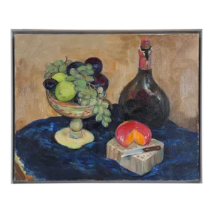 Tabletop Still Life With Wine & Cheese 1970s Oil