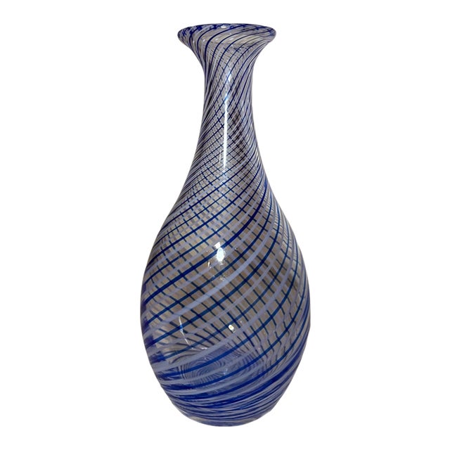 Vintage 20th Century Turkish Pasabahce Blue Spiral Pattern Hand Blown Glass Vase For Sale